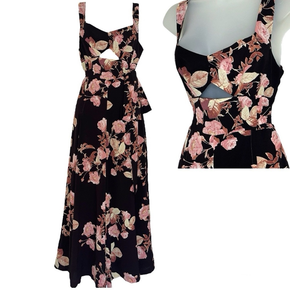 Lulus Olivaceous Floral Cut Out Belted Wide Leg Jumpsuit Brown Pink Cream M Boho